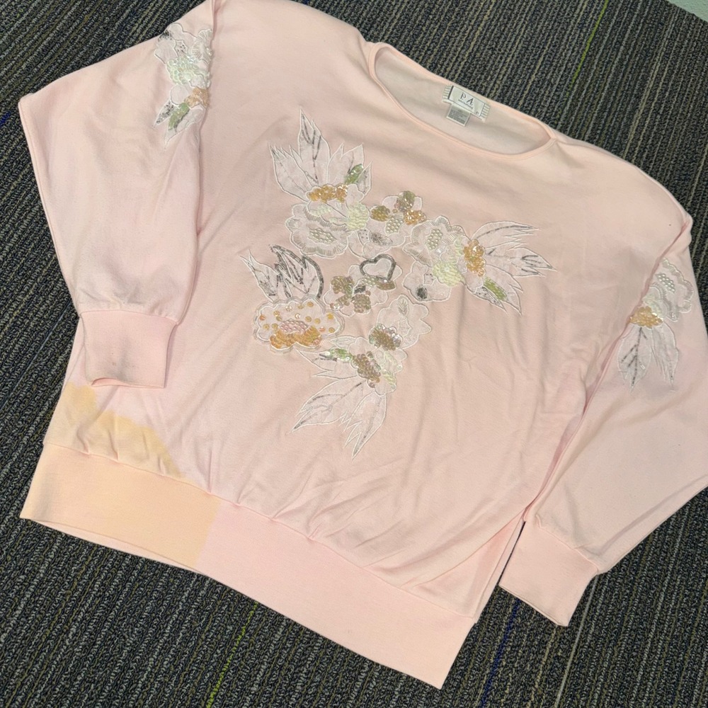 PA International Floral Sweatshirt Womens B Pink Good Vintage Sequin Bead Pearl